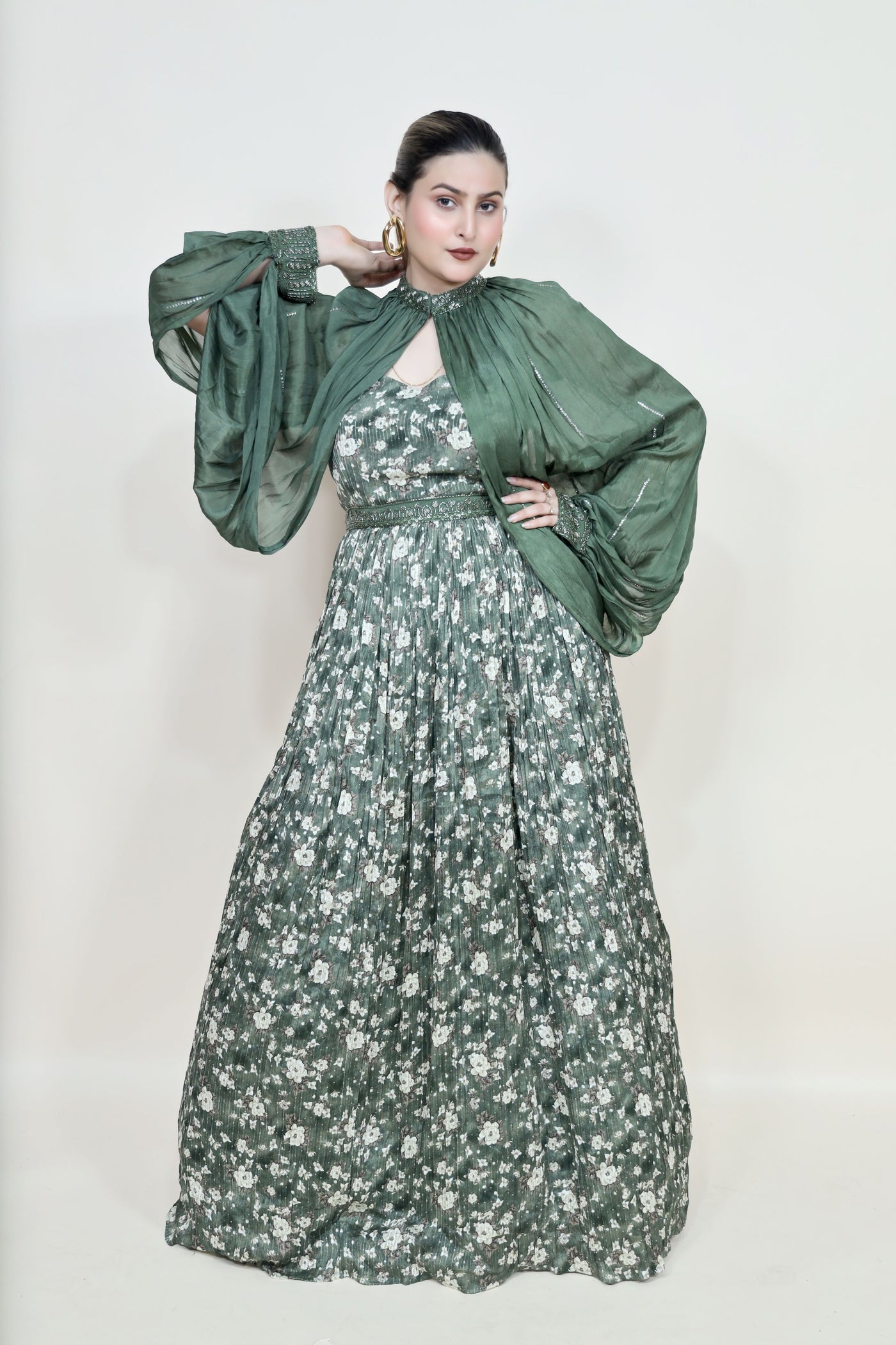 classic green color floral motif printed dress
