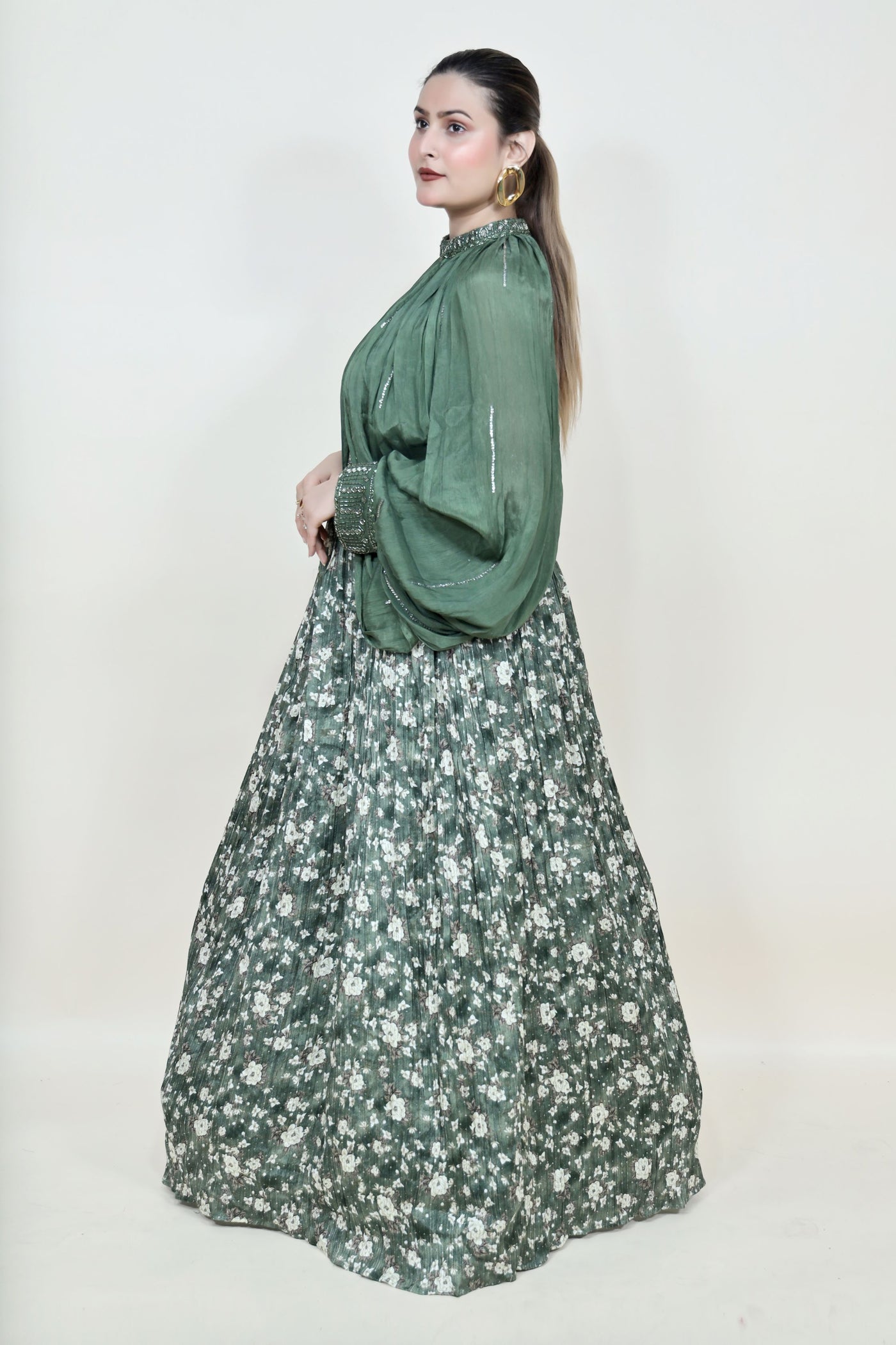 classic green color floral motif printed dress