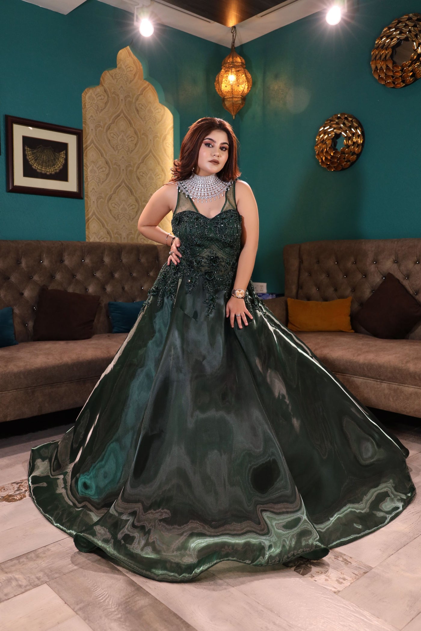 beautiful dark green floral motif embroidered gown