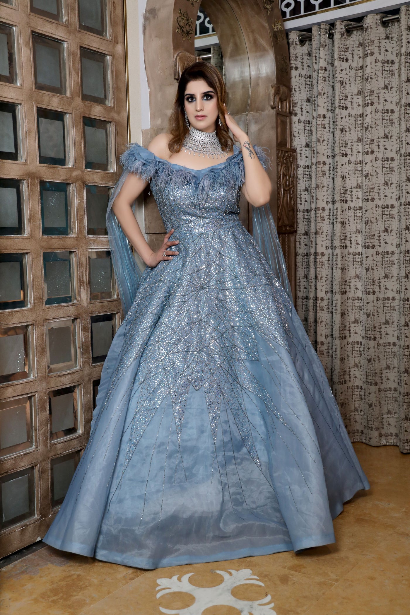 beautiful blue color geomatical motif gown