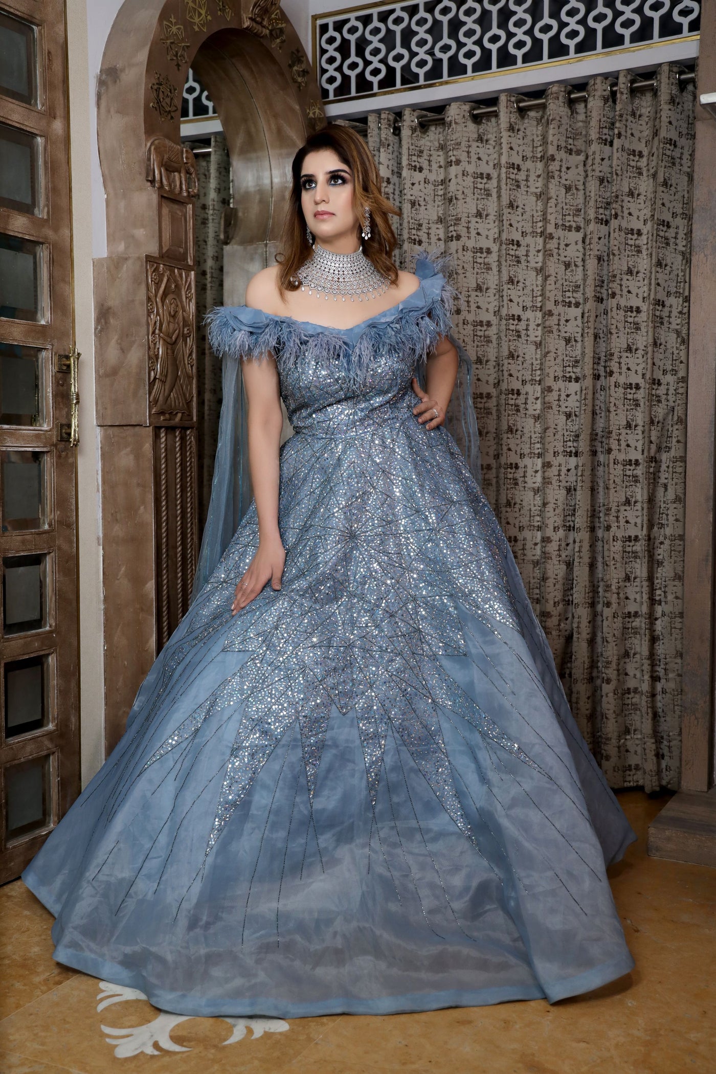 beautiful blue color geomatical motif gown