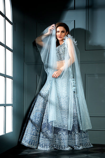 Classy Blue Color Floral Motif Embroidered Lehenga