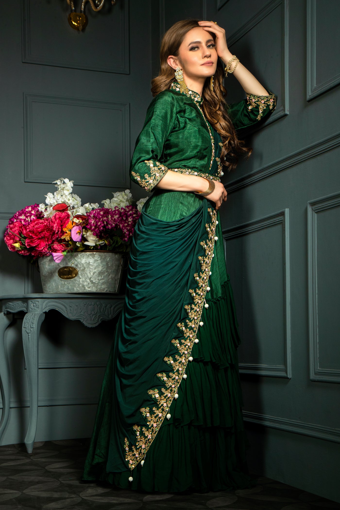 Dark Green Color Sequins Work Readymade Gown With Dupatta In Georgette  Fabric