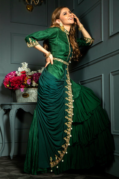 Dark Green Long Drape Dress With Frilled Flare & Heavy Waist Belt