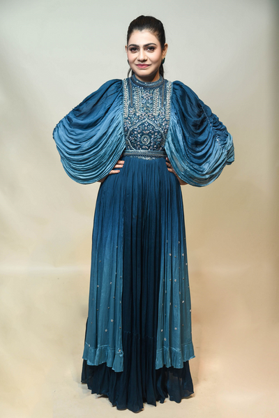 model posing in Blue Floral Motif Dress