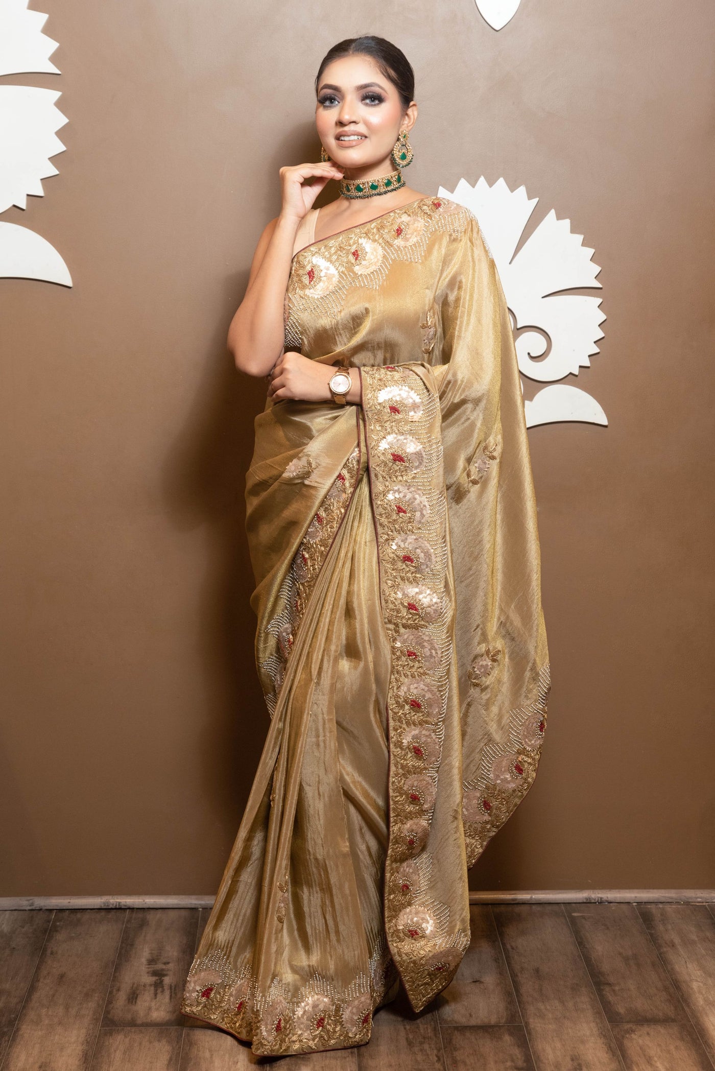 adorable brown color floral motif embroidered saree