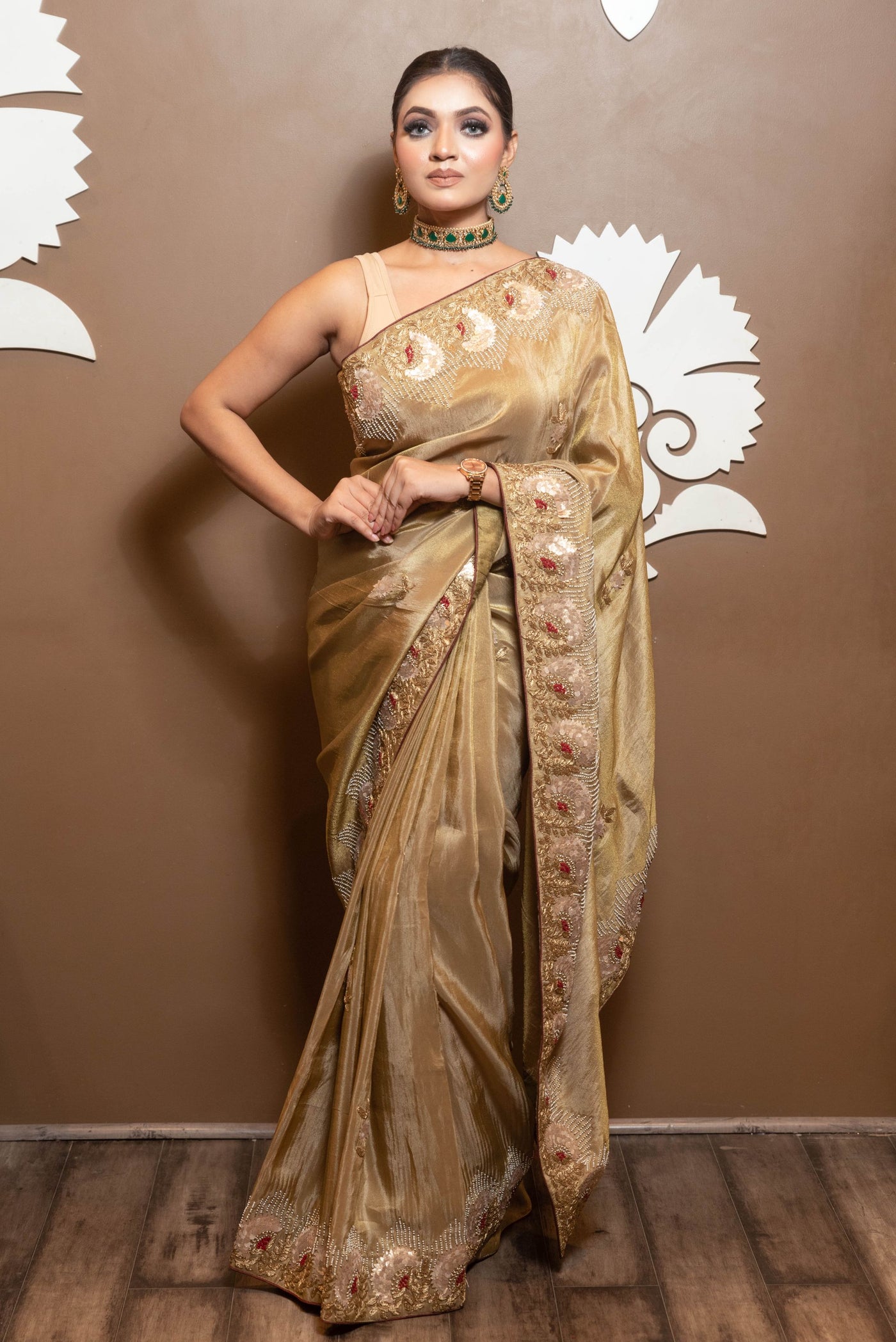 adorable brown color floral motif embroidered saree