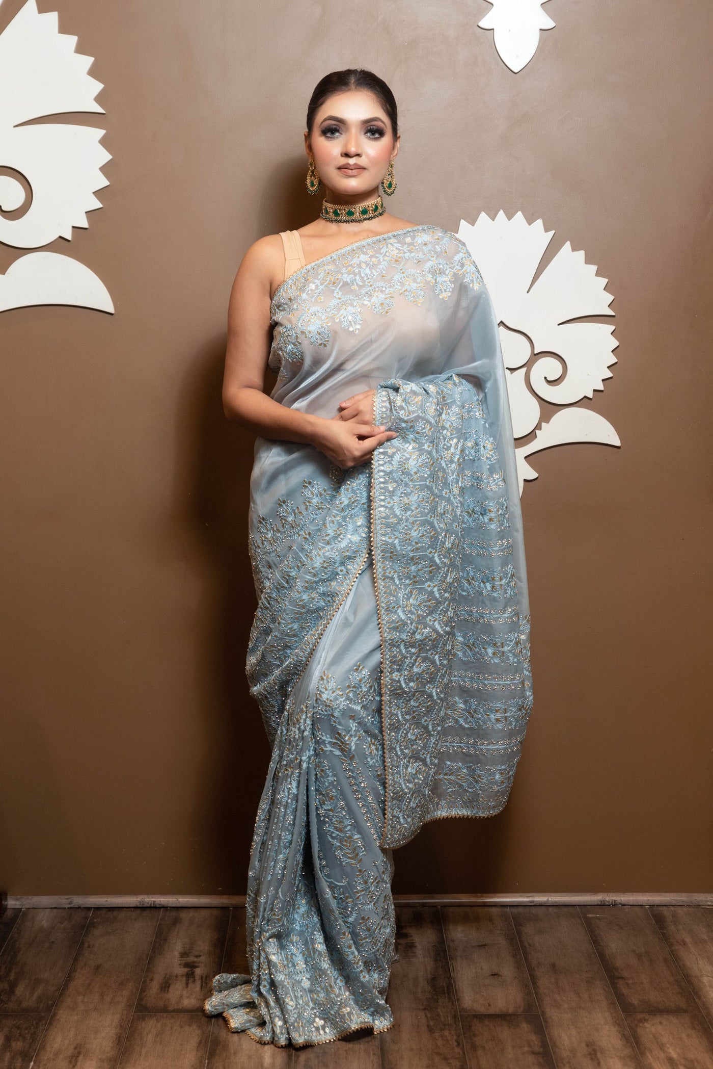 beautiful sky blue floral motif embroidered saree