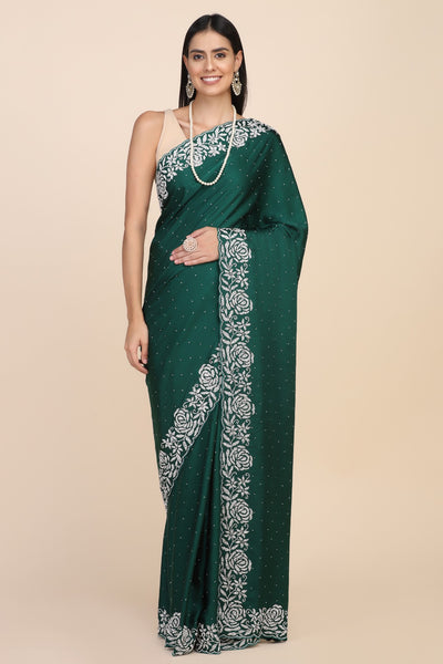 Elegant dark green color floral motif embroidered saree