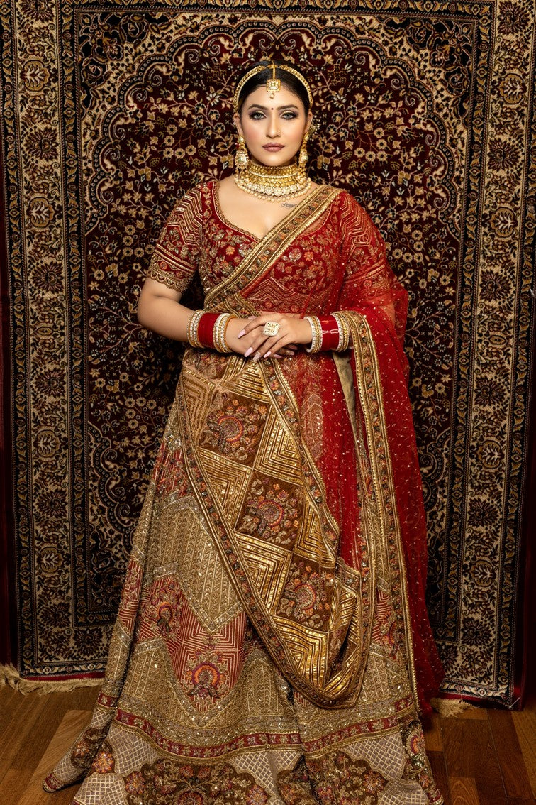 Beautiful Red & Golden Colored Hand Embroidered Bridal Lehenga