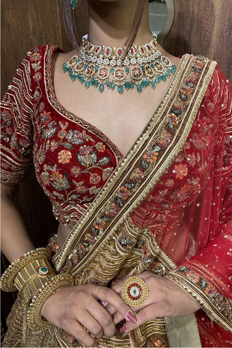 Beautiful Red & Golden Colored Hand Embroidered Bridal Lehenga