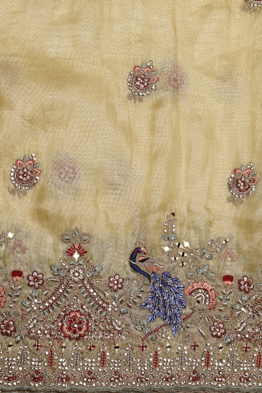 Elegant yellow color peacock motif embroidered saree