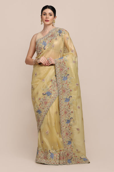 Elegant yellow color peacock motif embroidered saree