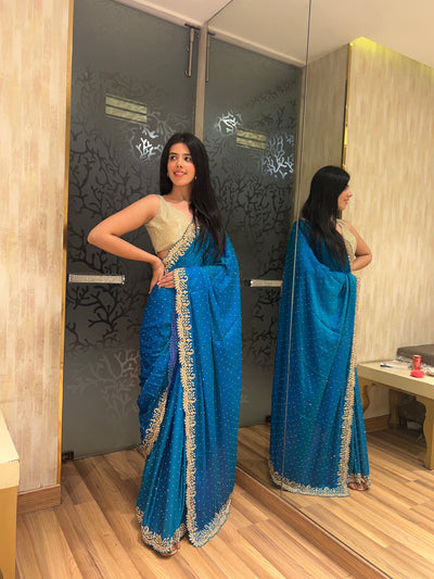 Classy Blue Colour Embroidered Saree