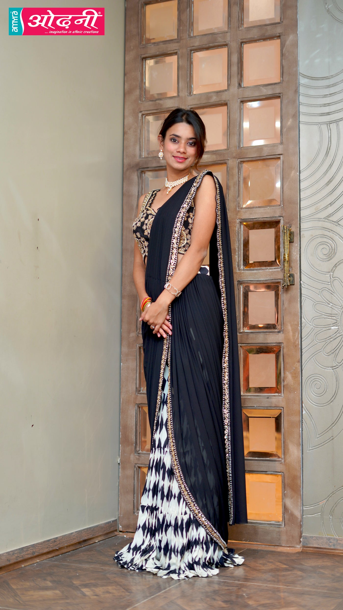 Elegant white & black color embroidered drape saree cum sharara