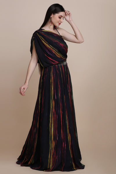 tie and dye flared floor length drape dress with asymmetrical sleeves