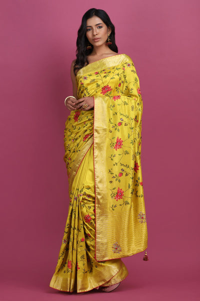 Green woven saree with floral jaal and blouse