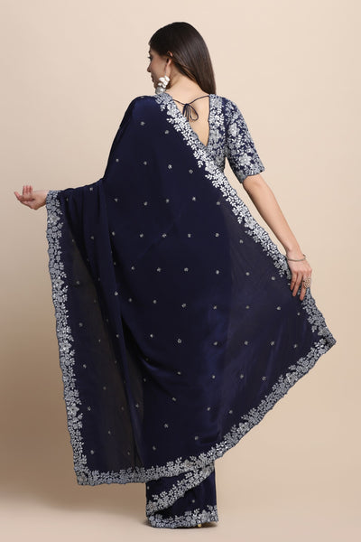 Glamorous royal blue color floral embroidered saree