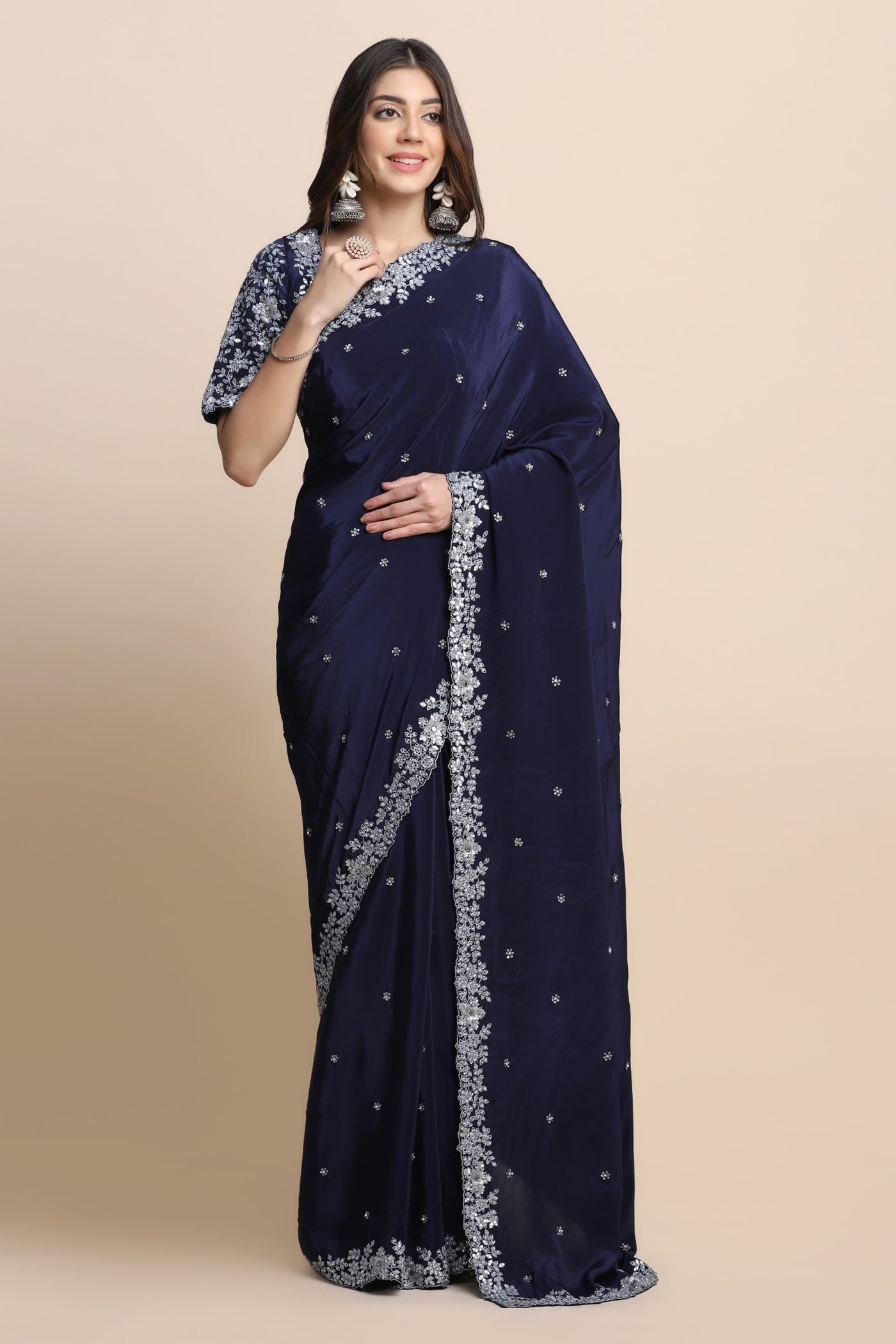 Glamorous royal blue color floral embroidered saree
