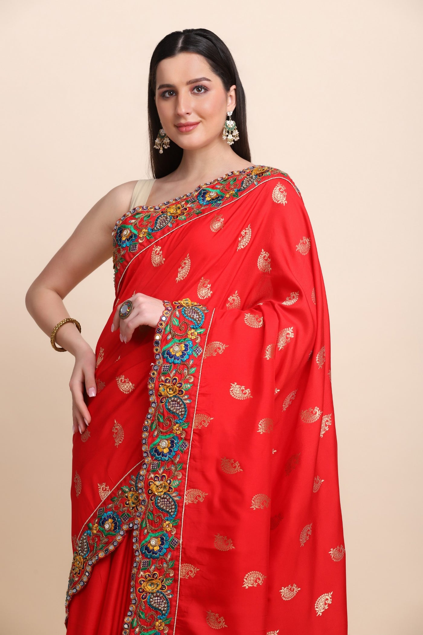 Classic red color woven floral motif saree with broad scalloped border and matching woven blouse