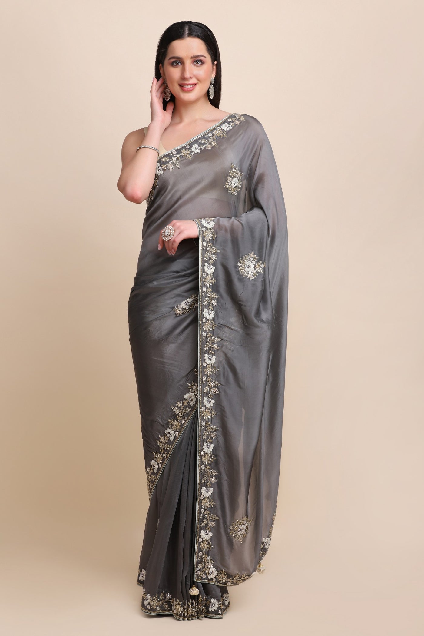 Glamorous grey color floral motif organza blend embroidered saree