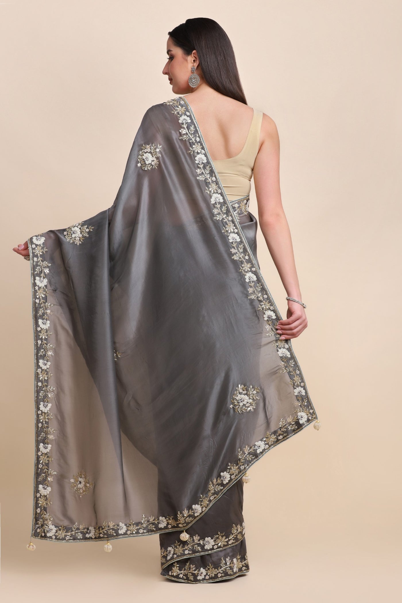 Glamorous grey color floral motif organza blend embroidered saree