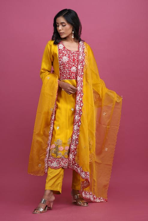 Yellow-Black Combo Silk Salwar Suit | Yellow Salwar Combination | 3d-mon.com