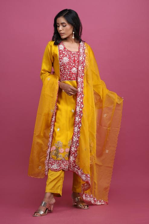 Mustard embellished suit with pants and dupatta