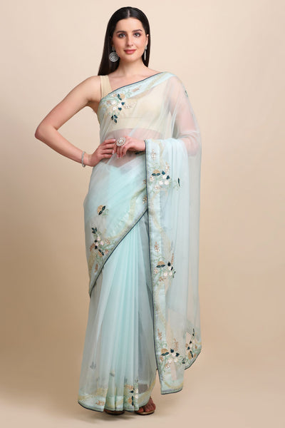 Classy sky blue organza blend floral motif embroidered saree