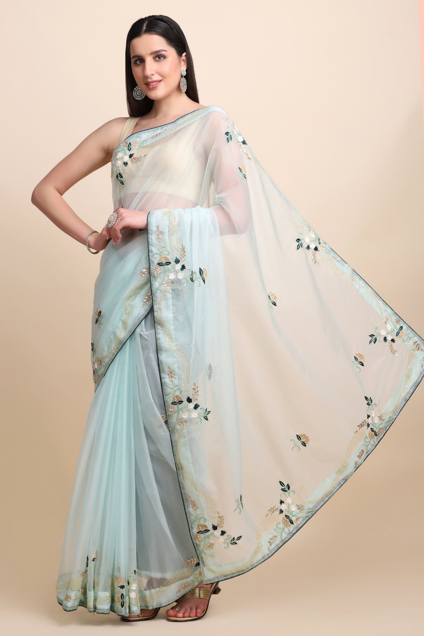 Classy sky blue organza blend floral motif embroidered saree