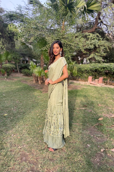 Beautiful green color floral motif embroidered sharara with drape dupatta cum drape saree