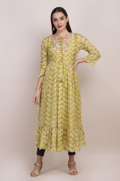 GREEN PRINTED KURTI WITH FLORAL EMBELLISHMENTS