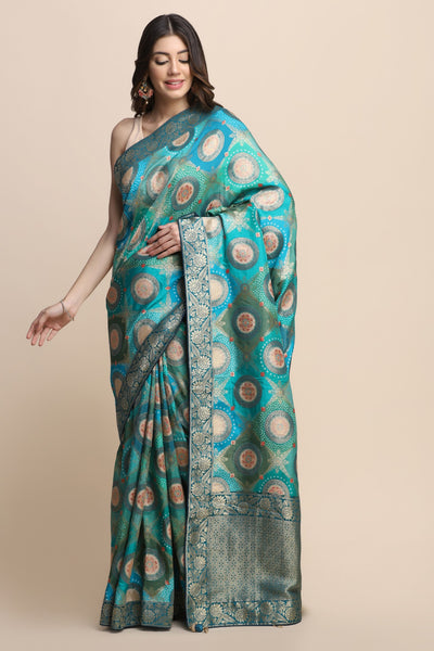 Beautiful two tone blue color floral motif bandhej & woven saree