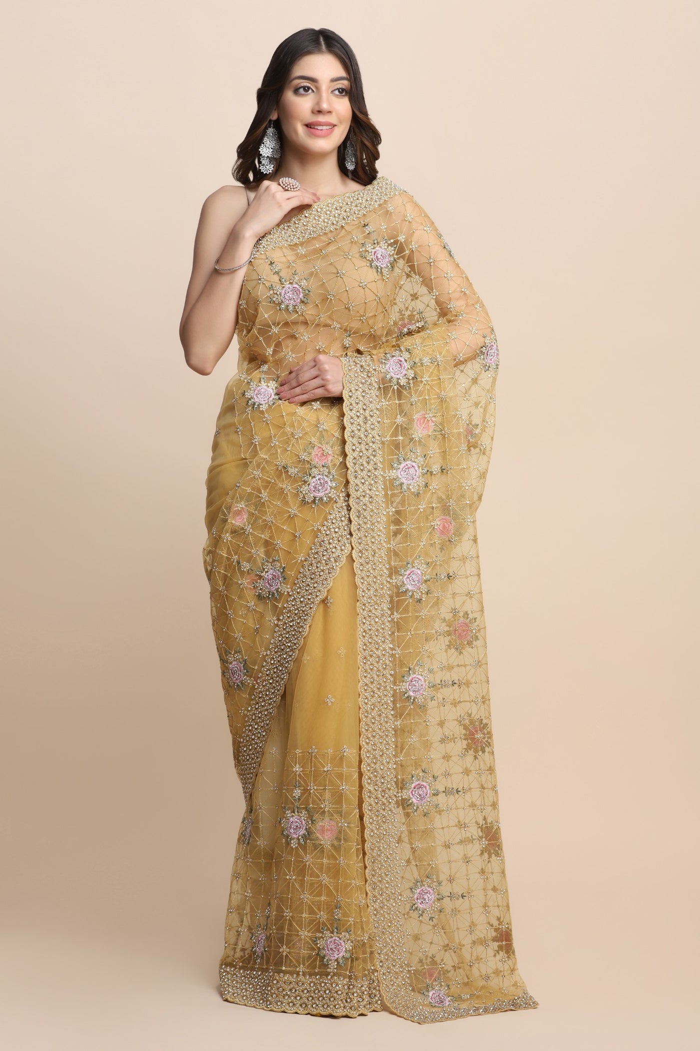 Gorgeous yellow color floral jaal embroidered saree