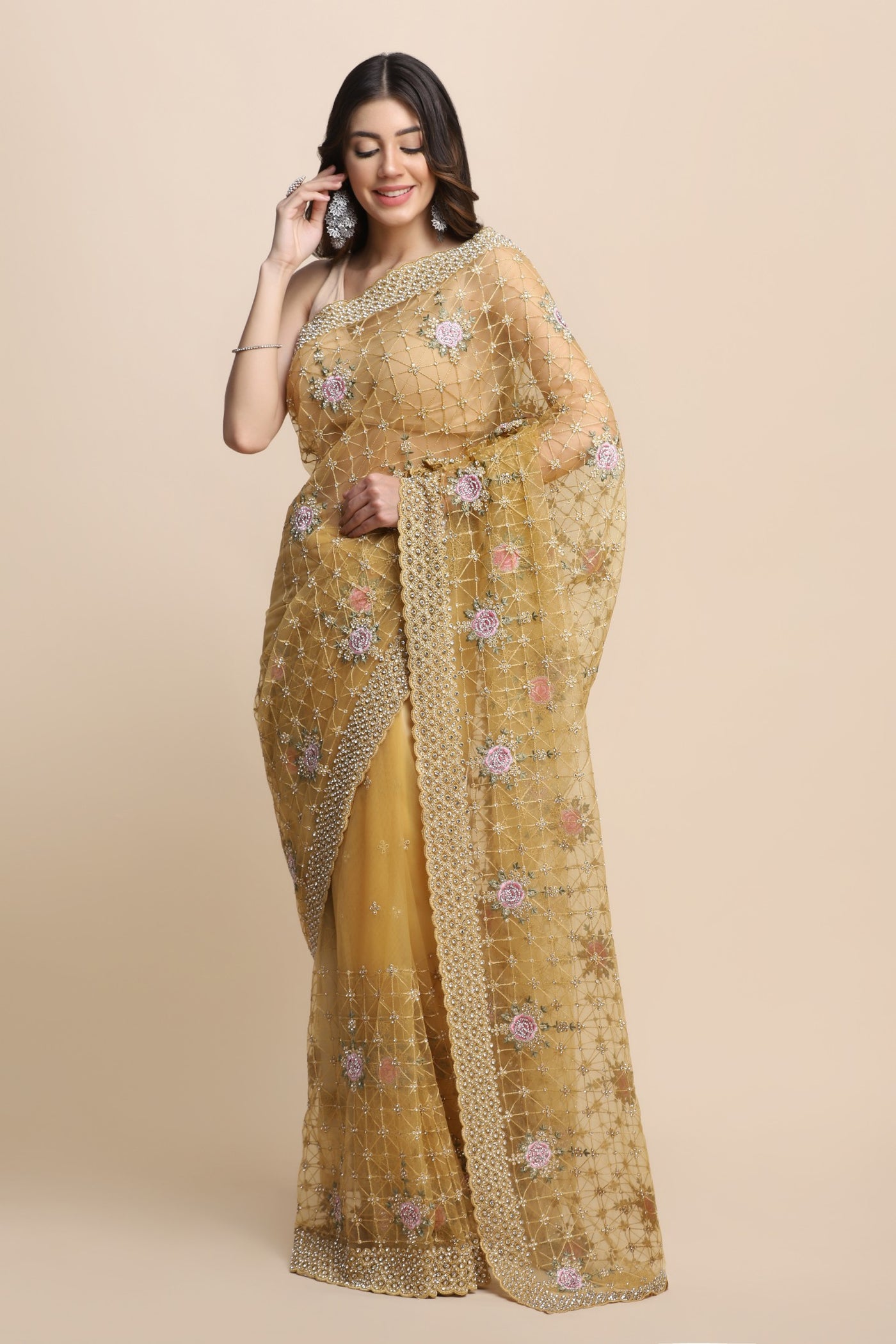 Gorgeous yellow color floral jaal embroidered saree