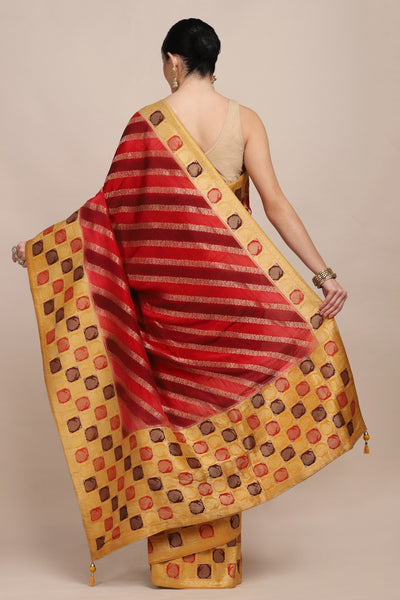 Classic mustard and red color geometrical woven saree