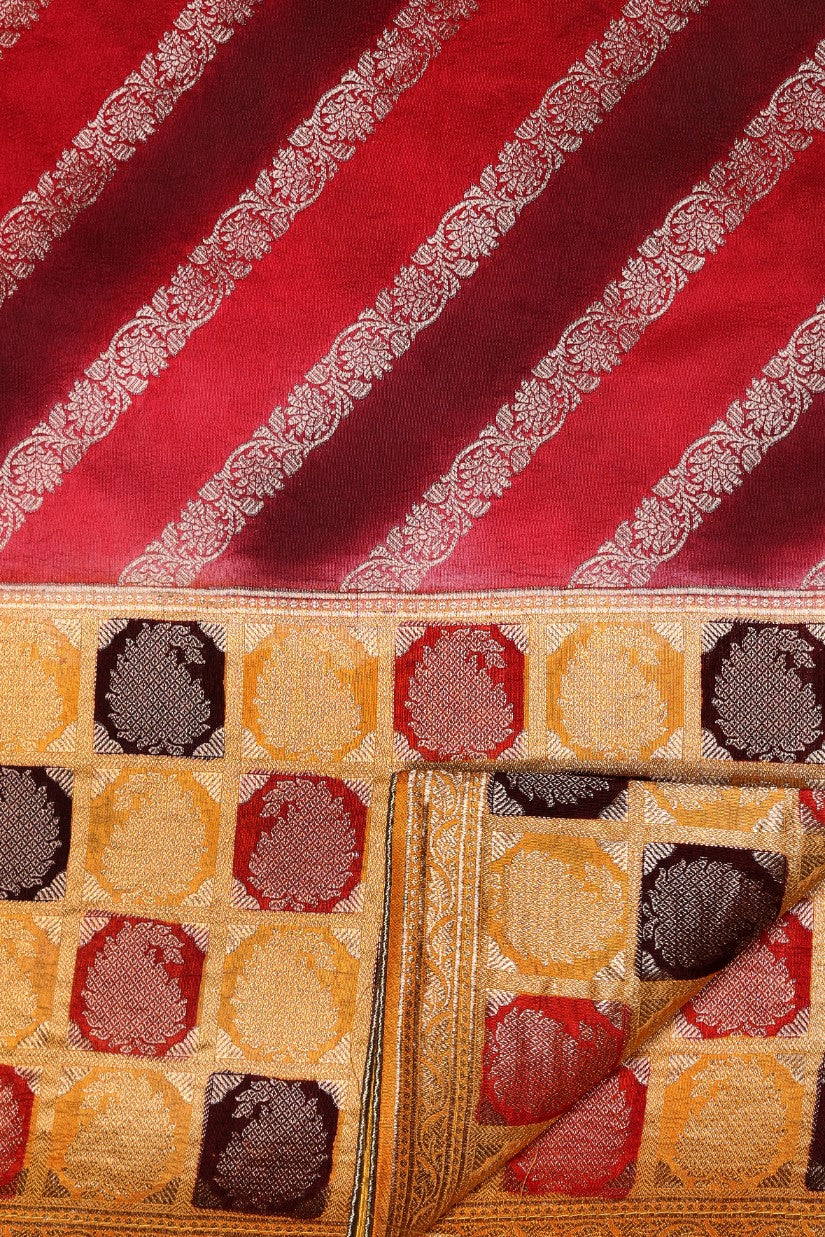 Classic mustard and red color geometrical woven saree