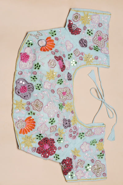 Beautiful aqua color floral motif embroidered saree