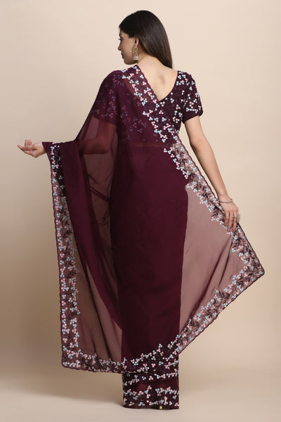 Glamorous wine color floral embroidered saree