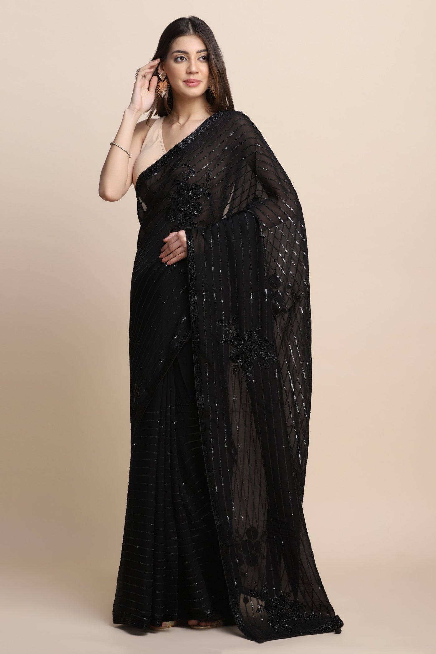 Elegant Black Color Sequins Saree