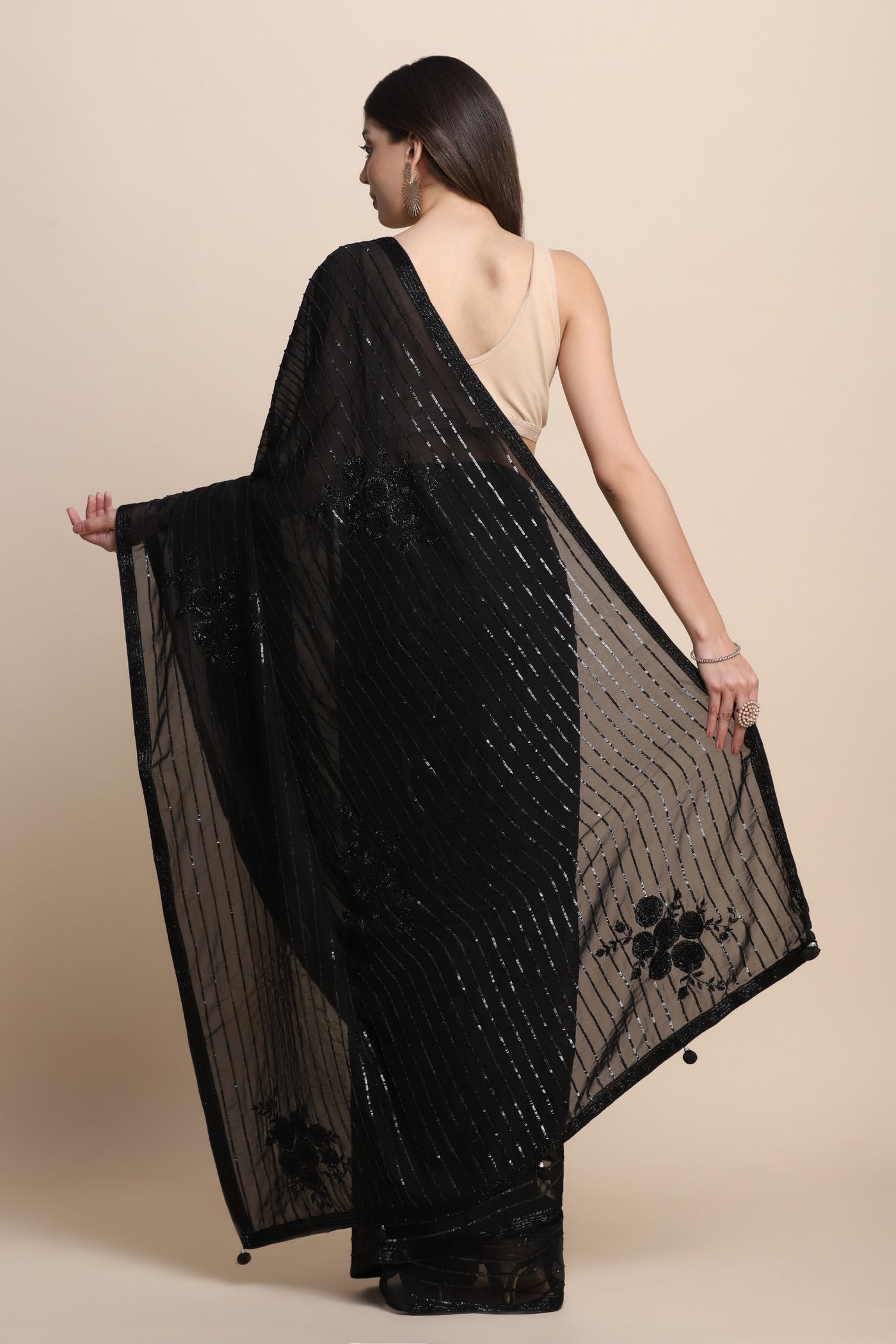 Elegant Black Color Sequins Saree