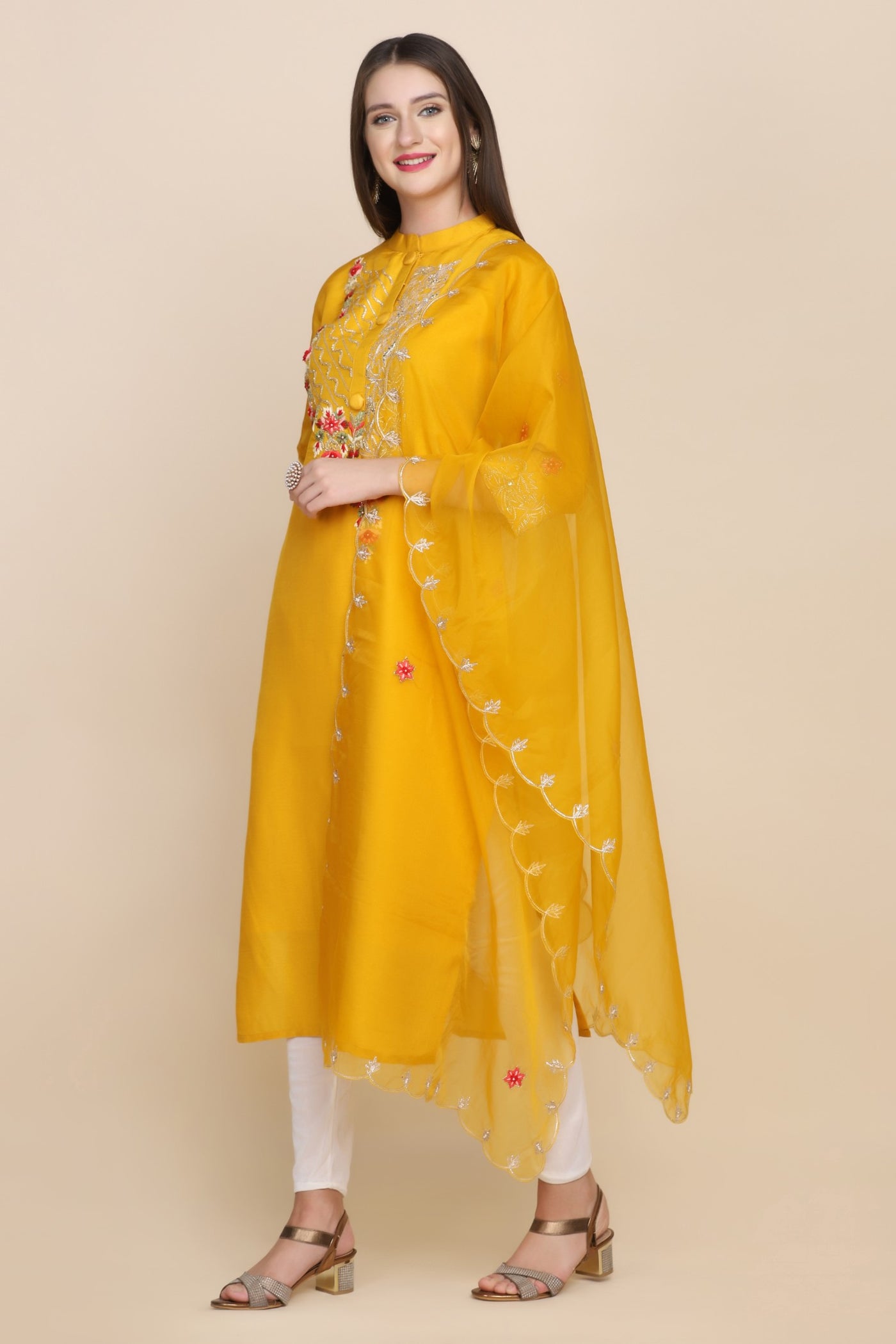 full front look of yellow embroidered kurti