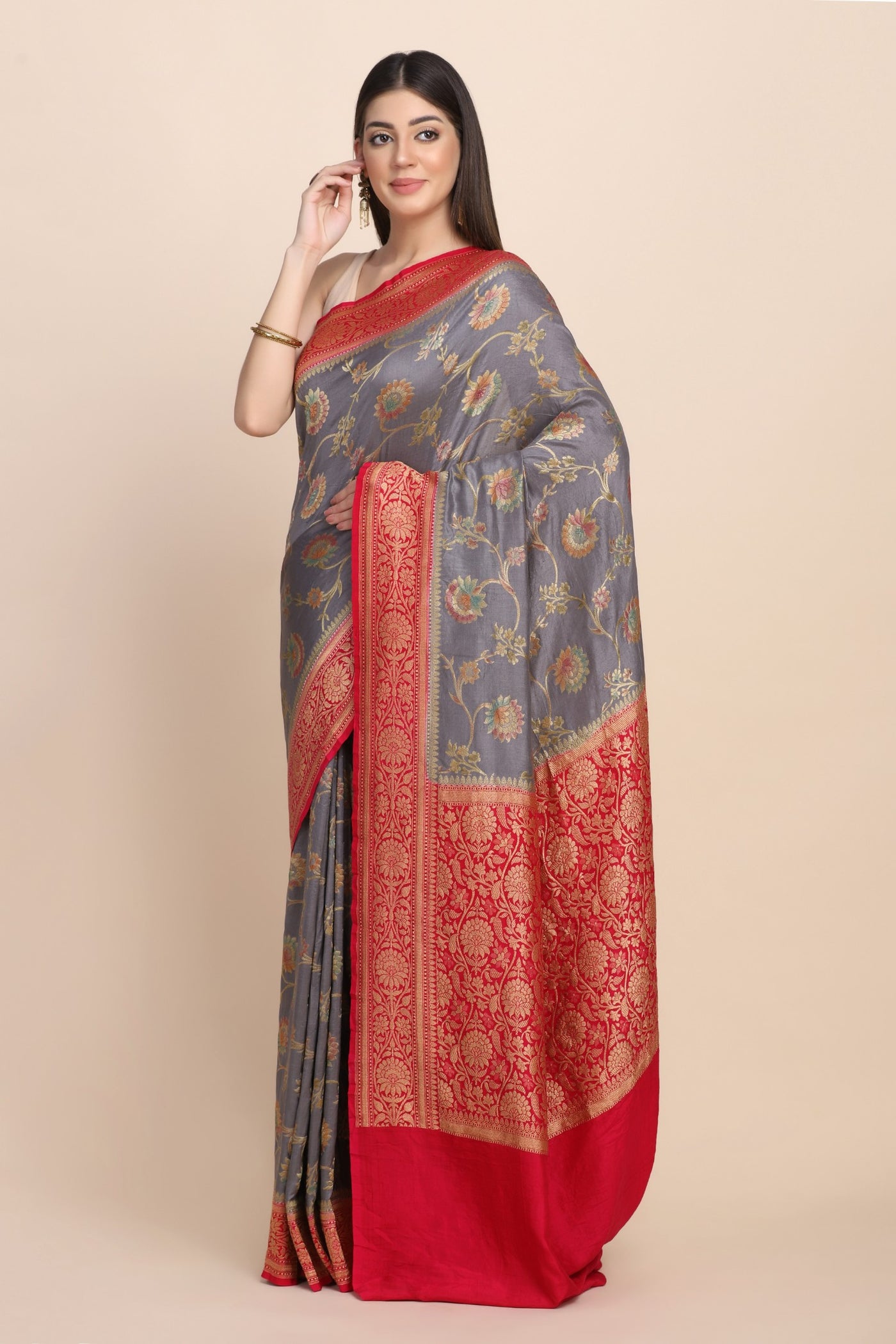 Classic grey color floral jaal hand woven saree