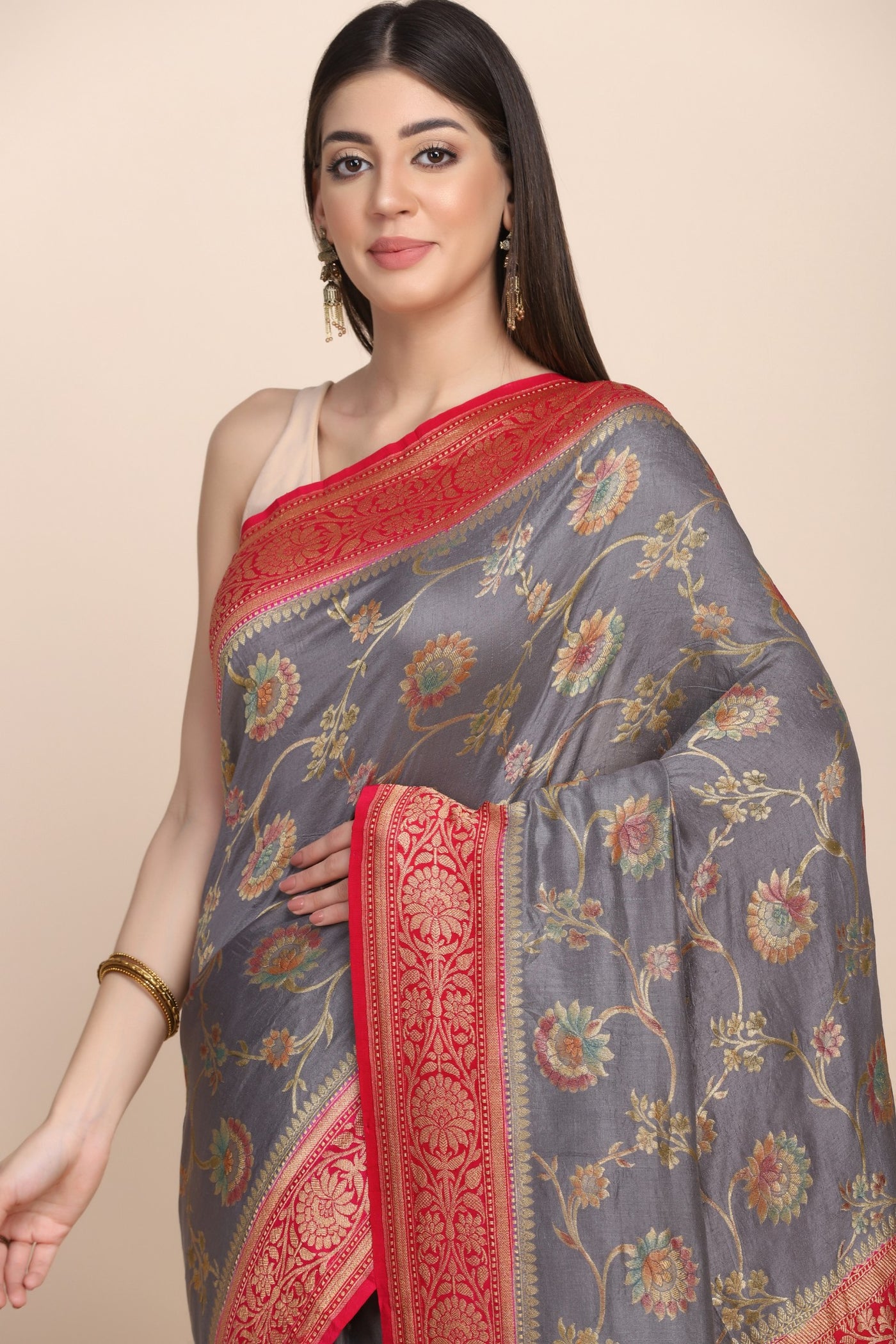 Classic grey color floral jaal hand woven saree