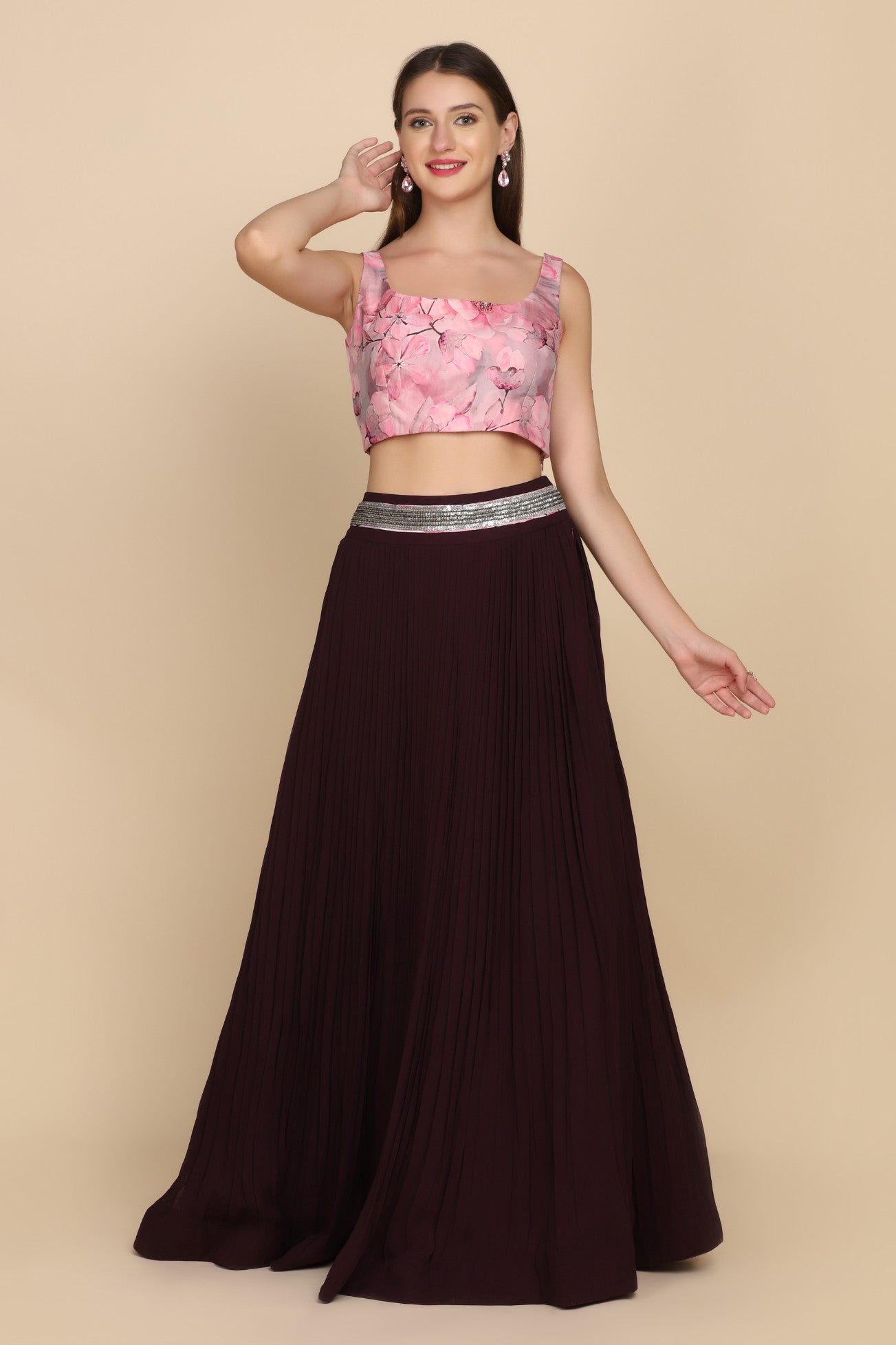 model posing in floral printed skirt set