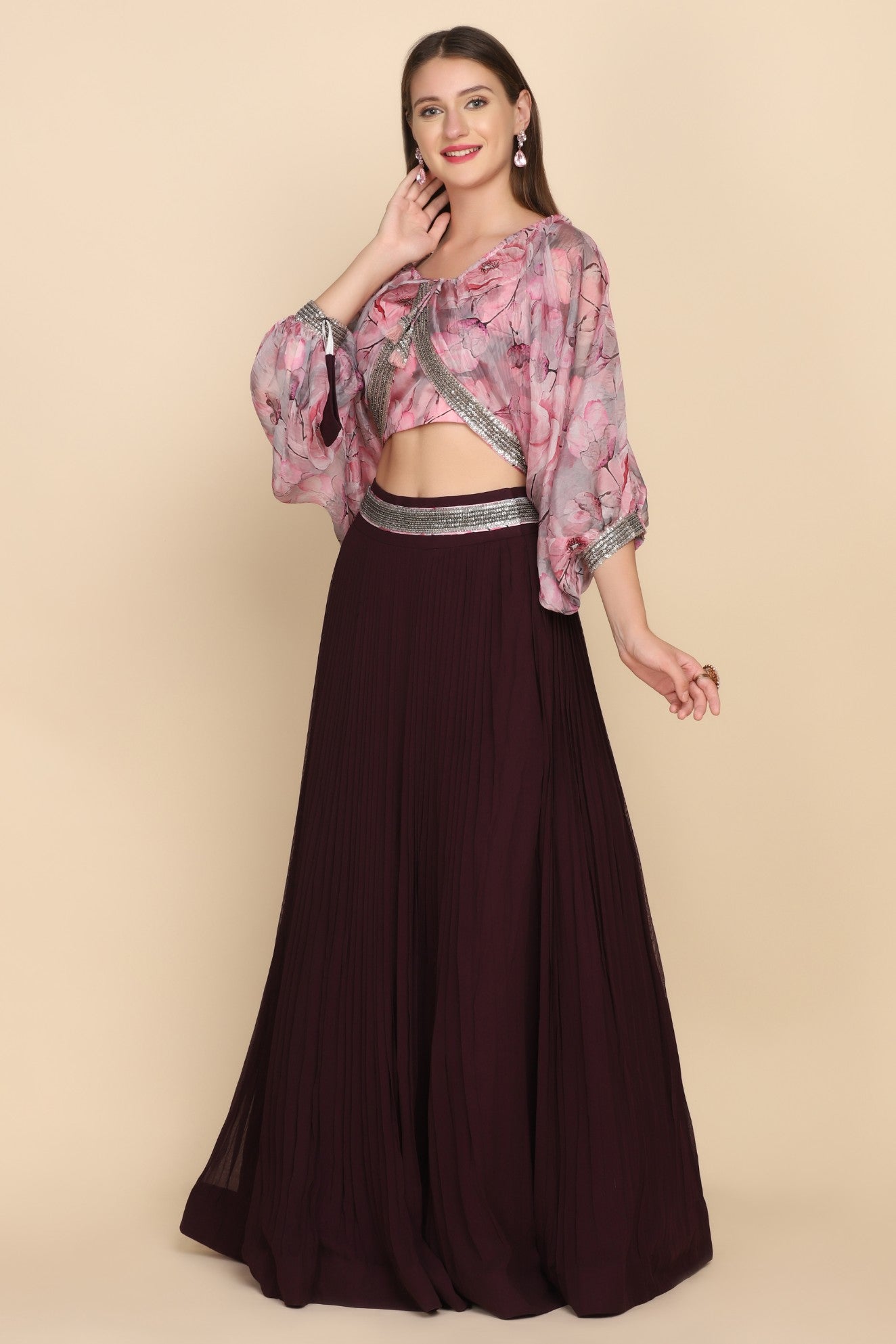 full front look of floral printed skirt set