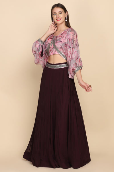 full front look of floral printed skirt set