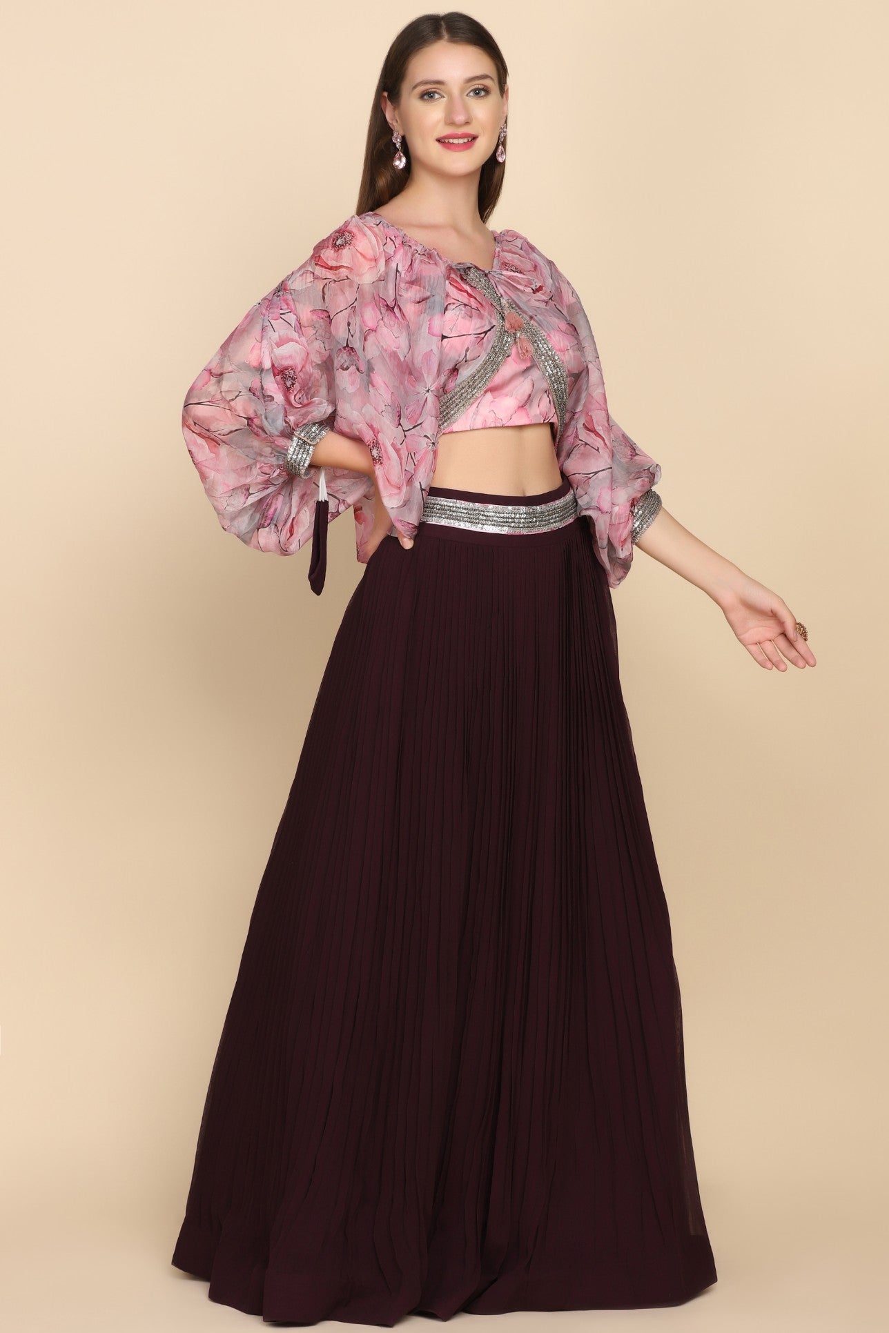beautiful woman wearing floral printed skirt set 