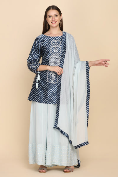 full front look of blue embroidered kurti set