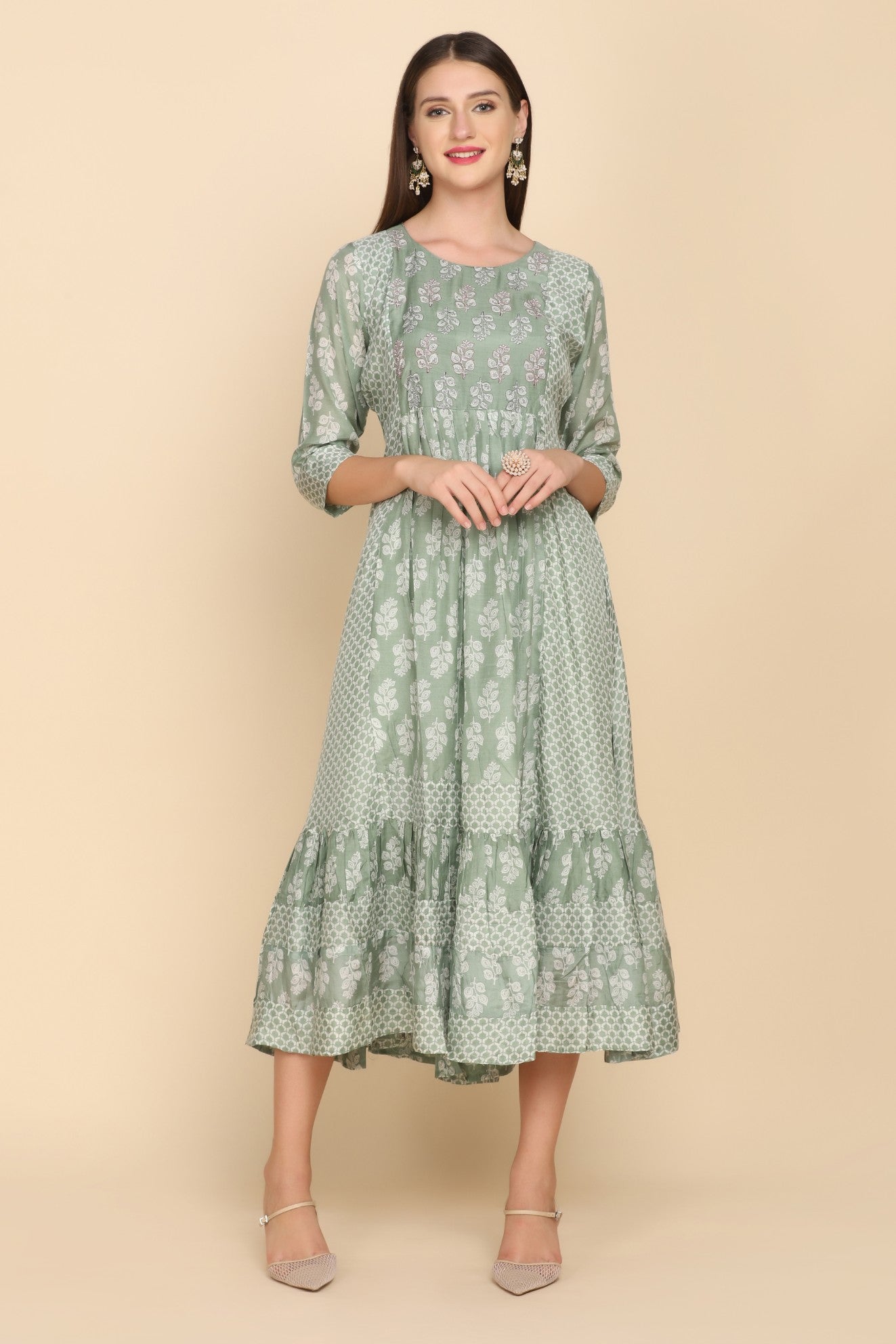 Elegant green printed calf length tunic